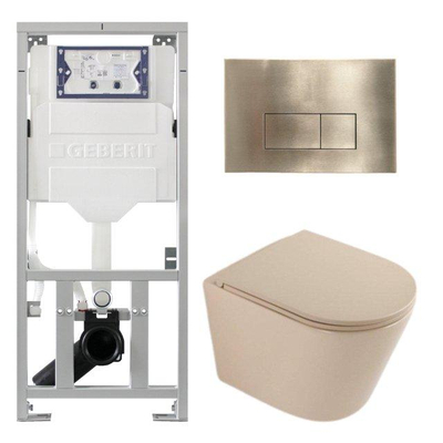 QeramiQ Dely Toiletset - 36.3x51.7cm - diepspoel - rimless - Geberit UP320 inbouwreservoir - softclose toilet zitting - geborsteld messing bedieningsplaat - rechthoekige knoppen - mat beige