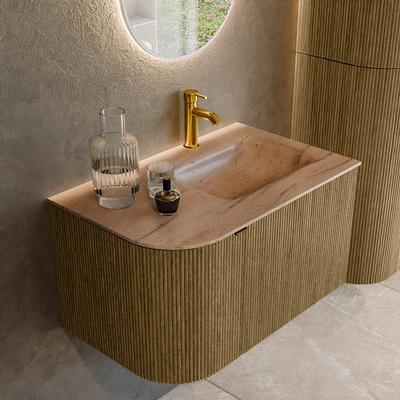 MONDIAZ KURVE-DLUX Meuble de salle de bains 75cm arrondi à gauche couleur Dusk avec 1 tiroir et 1 porte. Lavabo GRUNNE à droite 1 trou de robinet Saba.