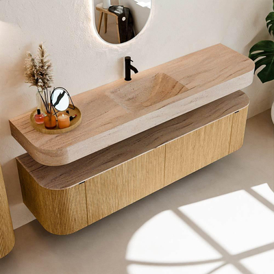 MONDIAZ THOR-DLUX 180cm badmeubel ronding links + rechts kleur Oak met 2 lades en 2 deuren. Vrijhangende wastafel CLOUD Midden 1 kraangat kleur Saba.