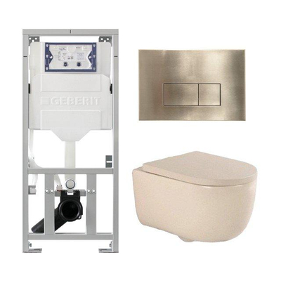 QeramiQ Dely Swirl Ensemble WC- 36.3x51.7cm - Réservoir encastré Geberit UP320 - Abattant de 35mm d'épaisseur - Plaque de commande en laiton brossé - Boutons rectangulaires - Beige