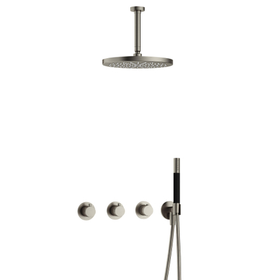 Hotbath Cobber IBS70 Ensemble de douche de pluie encastré - bras de plafond 15 cm - pomme de douche ronde 30 cm - douchette à main stick - nickel brossé