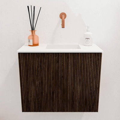 Mondiaz JOYA 50cm toiletmeubel - kleur Walnut - Wastafel FAYE positie Rechts Zonder kraangat kleur Talc.