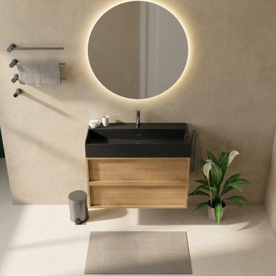 Saniclass Holz Frame Ensemble meuble de salle de bains - 100x45x72cm - lavabo Legend en céramique noir mat - 1 vasque - 1 trou de robinetterie - 2 tiroirs - chêne natural mat (bois)