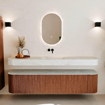 MONDIAZ THOR-DLUX 190cm meuble de salle de bains arrondi gauche + droite couleur Ruby avec 2 tiroirs et 2 portes. Vasque suspendue CLOUD Milieu sans trou de robinet couleur Opalo.