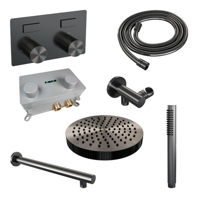 BRAUER Stripe Thermostatische Inbouw Regendouche - drukknoppen - SET 25 - 25cm douchekop - rechte muurarm - staaf handdouche - doucheslang - wandaansluitbocht - gunmetal geborsteld PVD