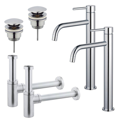 FortiFura Calvi Kit robinet lavabo - pour double vasque - robinet rehaussé - bonde clic clac - siphon design - Chrome brillant