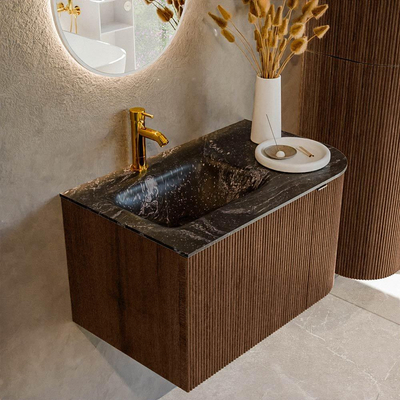 MONDIAZ KURVE-DLUX 75cm badmeubel met module 25 R kleur Walnut met 1 lade en 1 deur. Wastafel GRUNNE links 1 kraangat kleur Lava.