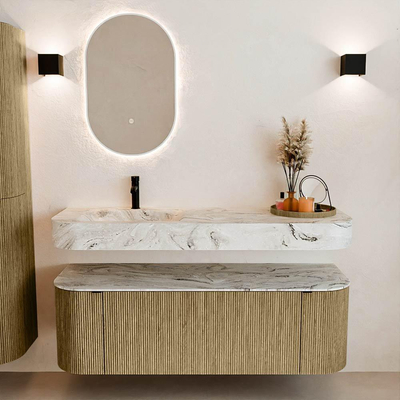 MONDIAZ THOR-DLUX 140cm meuble de salle de bains arrondi gauche + droite couleur Dusk avec 1 tiroir et 2 portes. Vasque suspendue CLOUD gauche 1 trou de robinet couleur Glace.