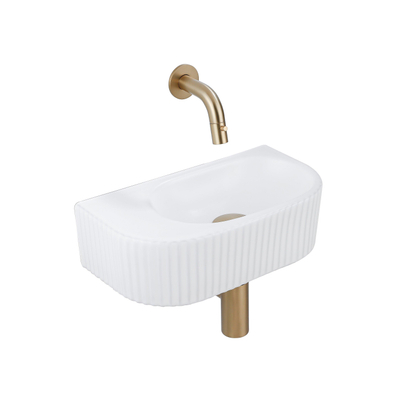 QeramiQ Fuente Ensemble de Lavabo - 40x21.5x12cm - strié - demi-rond - céramique - ensemble de robinet en laiton brossé - bouchon de vidange - siphon réduit - blanc mat