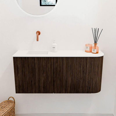 Mondiaz JOYA 91.6cm toiletmeubel - ronding rechts kleur Walnut - Wastafel FAYE positie Links Zonder kraangat kleur Talc.