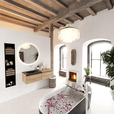 MONDIAZ BUKLA Meuble de salle de bains 120 cm avec module 60 couleur Washed Oak avec 2 tiroirs. Lavabo CLOUD gauche 0 trous de robinet couleur Urban.