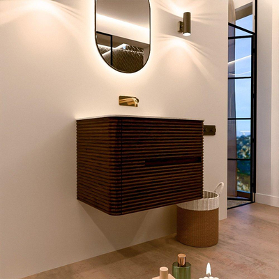 Mondiaz CIRO-DLUX Ensemble de meubles de salle de bains - 70x45x50cm - lavabo solid surface Opalo - 1 vasque au milieu - sans trous de robinet - 2 tiroirs - Noyer