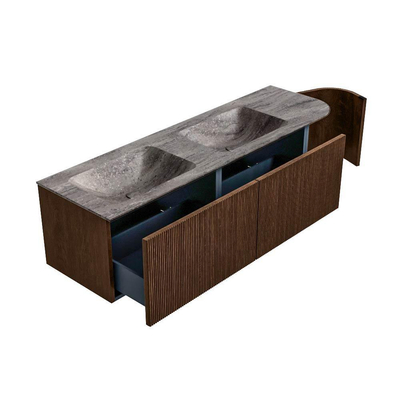 MONDIAZ KURVE-DLUX 155cm badmeubel ronding Rechts kleur Walnut met 2 lades en 1 deur. Wastafel LEAF Dubbel / Links 2 kraangaten Oza.