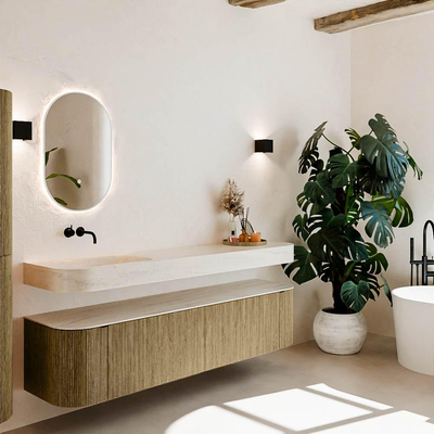 MONDIAZ THOR-DLUX 190cm badmeubel ronding links + rechts kleur Dusk met 2 lades en 2 deuren. Vrijhangende wastafel CLOUD Links zonder kraangat kleur Meli.