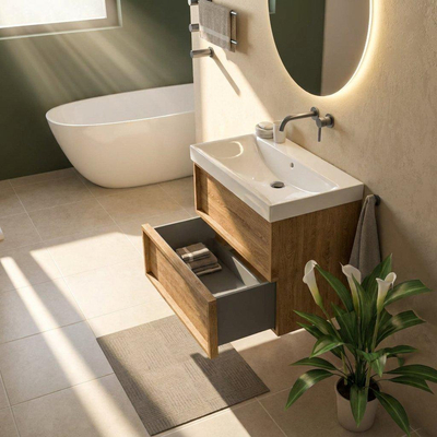 Saniclass Holz Frame Ensemble meuble de salle de bains - 80x45x67.5cm - lavabo Wave en céramique - 1 vasque - sans trou de robinetterie - 2 tiroirs - chêne natural mat (bois)