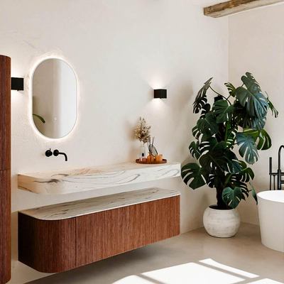 MONDIAZ THOR-DLUX 160cm meuble de salle de bains arrondi gauche + droite couleur Ruby avec 1 tiroir et 2 portes. Vasque suspendue CLOUD Gauche sans trou de robinet couleur Nata.