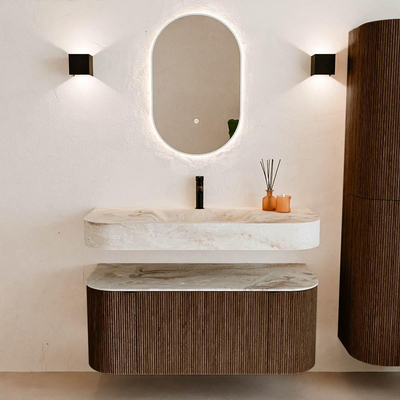 MONDIAZ THOR-DLUX 110cm badmeubel ronding links + rechts kleur Walnut met 1 lade en 2 deuren. Vrijhangende wastafel CLOUD Midden 1 kraangat kleur Frappe.