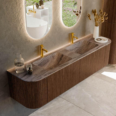 MONDIAZ KURVE-DLUX Meuble de salle de bains 180cm arrondi Gauche + Droite couleur Walnut avec 2 tiroirs et 2 portes. Lavabo LEAF Double 2 trous de robinet Oza.
