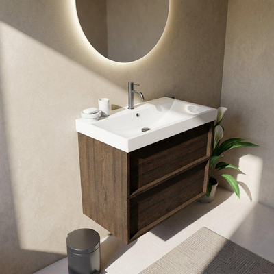 Saniclass Holz Frame Ensemble meuble de salle de bains - 80x45x67.5cm - lavabo Wave en céramique - 1 vasque - 1 trou de robinetterie - 2 tiroirs - chêne charcoal mat (bois)