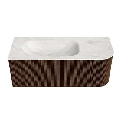 MONDIAZ KURVE-DLUX meuble de salle de bains 115 cm avec module 25 R couleur Walnut avec 1 tiroir et 1 porte. Lavabo BIG SMALL gauche sans trou de robinet couleur Ostra.