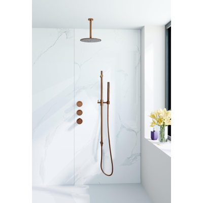 Fortifura Nebbio Ensemble de douche pluie - robinet encastré - élément encastré - barre de douche - flexible de douche en métal - douchette bâton - bras de plafond 20cm - douche de tête 30cm - cuivre brossé PVD