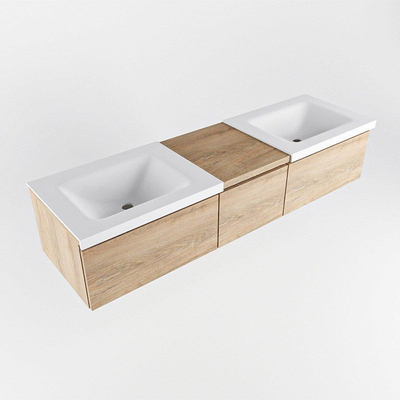 Mondiaz bukla ensemble de meubles de bain 160x45x34cm 2 robinets 2 lavabos surface solide talc sans poignée 3 tiroirs avec fermeture douce mélamine chêne lavé