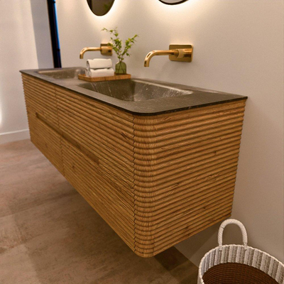 Mondiaz CIRO-DLUX Ensemble de meubles de salle de bains - 150x45x50cm - lavabo solid surface Lava - 2 vasques double - sans trous de robinet - 4 tiroirs - Chêne