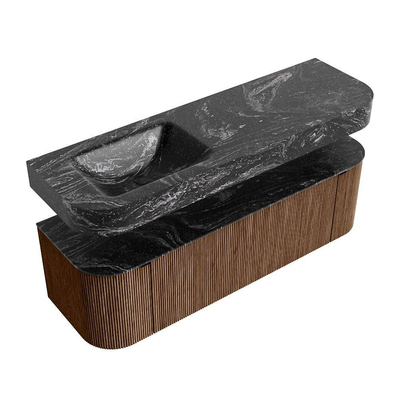 MONDIAZ THOR-DLUX 150cm meuble de salle de bains arrondi gauche + droite couleur Walnut avec 1 tiroir et 2 portes. Vasque suspendue CLOUD gauche sans trou de robinet couleur Lava.