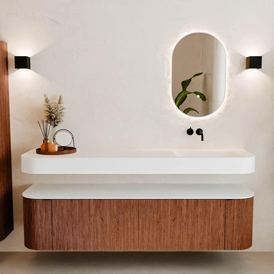 MONDIAZ THOR 180cm badmeubel ronding links + rechts kleur Ruby met 2 lades en 2 deuren. Vrijhangende wastafel CLOUD Rechts zonder kraangat kleur Talc.