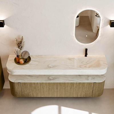 MONDIAZ THOR-DLUX Meuble de salle de bains 190cm arrondi gauche + droite couleur Dusk avec 2 tiroirs et 2 portes. Vasque suspendue CLOUD Droite 1 trou de robinet couleur Ostra.