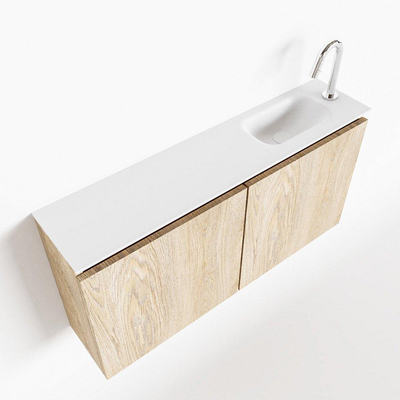 MONDIAZ TURE Fonteinset - 100x23x50cm - 1 kraangat - 2 deuren - washed oak mat - Wasbak rechts - Solid Surface Wit
