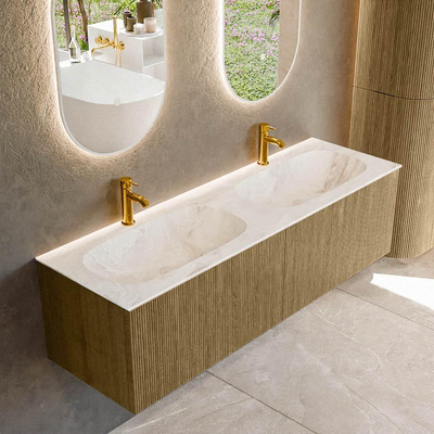 Mondiaz KURVE-DLUX Badkamermeubelset - 150x46x40cm - 2 lade - wastafel solid surface - dubbel - 2 kraangaten - Dusk