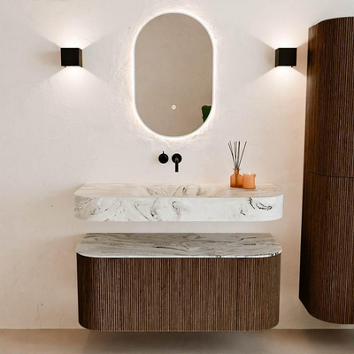 MONDIAZ THOR-DLUX 110cm badmeubel ronding links + rechts kleur Walnut met 1 lade en 2 deuren. Vrijhangende wastafel CLOUD Midden zonder kraangat kleur Glace.