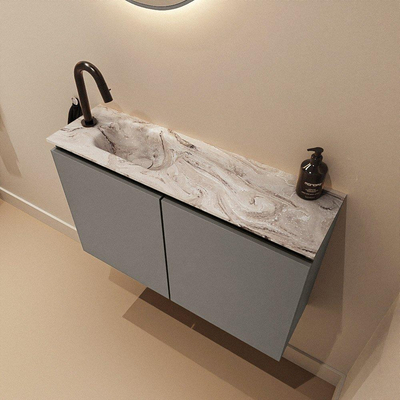 MONDIAZ TURE-DLUX Meuble toilette - 80cm - Smoke - EDEN - vasque Glace - position gauche - 1 trou de robinet