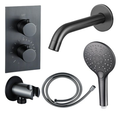 Fortifura Calvi Ensemble de robinet de baignoire - bec - 22cm réductible - flexible en métal - douchette ronde - partie encastrable - support mural - gunmetal PVD brossé