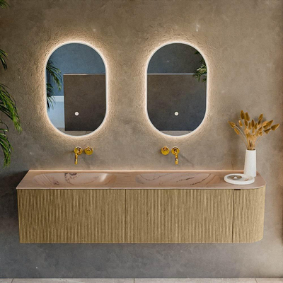 MONDIAZ KURVE-DLUX Meuble de salle de bains 175cm arrondi Droite couleur Dusk avec 2 tiroirs et 1 porte. Lavabo STOR SMALL Double / Gauche sans trou de robinet Arena.