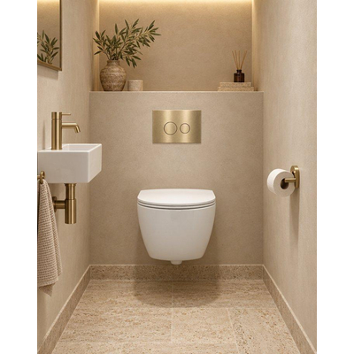 QeramiQ Dely Swirl Compact Toiletset - inbouwreservoir QeramiQ flush - slim zitting - metalen bedieningsplaat messing geborsteld (goud) - ronde knoppen - glans wit