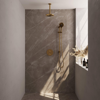 BRAUER Gold Edition douche thermostatique encastrée - 3 voies - rond - ensemble 95 - douche principale de 20 cm - bras plafond - douchette à main 3 positions - flexible de douche - barre de douche intégrée - or brossé PVD