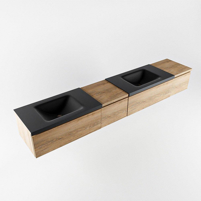 MONDIAZ BUKLA 240cm ensemble de meuble avec module 40 gauche couleur Chêne blanchi avec 4 tiroirs. Lavabo CLOUD double 2 trous de robinet couleur Urbain.