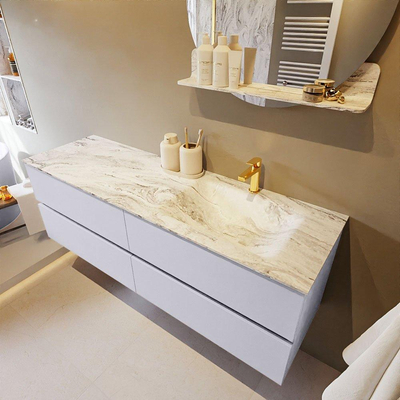 Mondiaz VICA-DLUX Ensemble de meuble de salle de bain - 150cm - meuble sous-vasque cale - 4 tiroirs - lavabo encastrée cloud droite - 1 trou de robinet - version haute de 60cm - glace