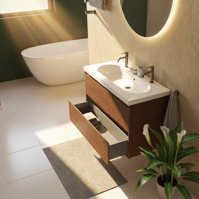 Saniclass Holz Pure Ensemble de meuble de salle de bains - 100x45x63.5cm - lavabo Palermo en céramique blanc - 1 vasque - 2 trous de robinetterie - 2 tiroirs - walnut pure mat (bois)