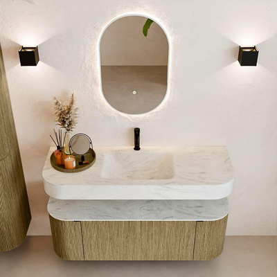 MONDIAZ THOR-DLUX 130cm meuble de salle de bains arrondi gauche + droite couleur Dusk avec 1 tiroir et 2 portes. Vasque suspendue CLOUD Milieu 1 trou de robinet couleur Opalo.