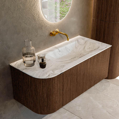 MONDIAZ KURVE-DLUX 105cm badmeubel met module 25 L kleur Walnut met 1 lade en 1 deur. Wastafel BIG SMALL rechts zonder kraangat kleur Glace.