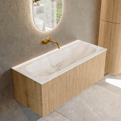 MONDIAZ KURVE-DLUX meuble de salle de bains 110cm couleur Oak avec 1 tiroir. Lavabo BIG MEDIUM central sans trou de robinet couleur Frappe.