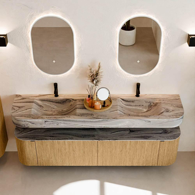 MONDIAZ THOR-DLUX 190cm badmeubel ronding links + rechts kleur Oak met 2 lades en 2 deuren. Vrijhangende wastafel CLOUD Dubbel 2 kraangaten kleur Sombra.