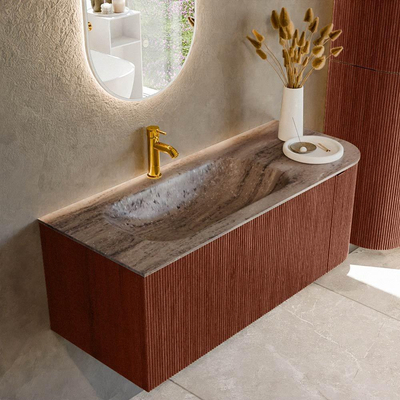 MONDIAZ KURVE-DLUX Meuble de salle de bains 115cm arrondi à droite couleur Ruby avec 1 tiroir et 1 porte. Lavabo BIG SMALL gauche 1 trou de robinet Oza.