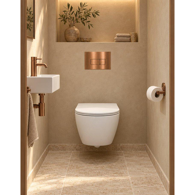 QeramiQ Dely Swirl Compact Ensemble WC - réservoir encastré QeramiQ flush - abattant fin - plaque de commande métallique cuivre - boutons rectangulaires - blanc brillant