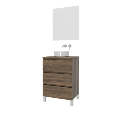 Saniclass Chaci PLUS Ensemble meuble de salle de bains - 60x86x46cm - vasque à poser - plan de toilette - 3 tiroirs - noyer (bois)