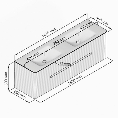 Mondiaz CIRO-DLUX Meuble de salle de bains ensemble - 160x45x50cm - Plan de toilette solid surface Ostra - 2 vasques Double - sans trous de robinetterie - 4 tiroirs - Chêne