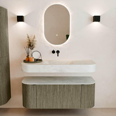 MONDIAZ THOR-DLUX 120cm badmeubel ronding links + rechts kleur Shadow met 1 lade en 2 deuren. Vrijhangende wastafel CLOUD Midden zonder kraangat kleur Opalo.